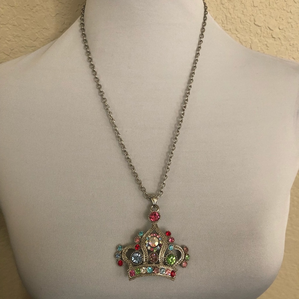 Silver And Rhinestone Crown Statement Necklace - image 1